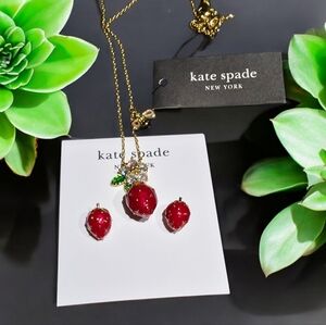 Kate Spade Strawberry Jewelry Set Necklace Earrings Flower Crystal Red Enamel Go
